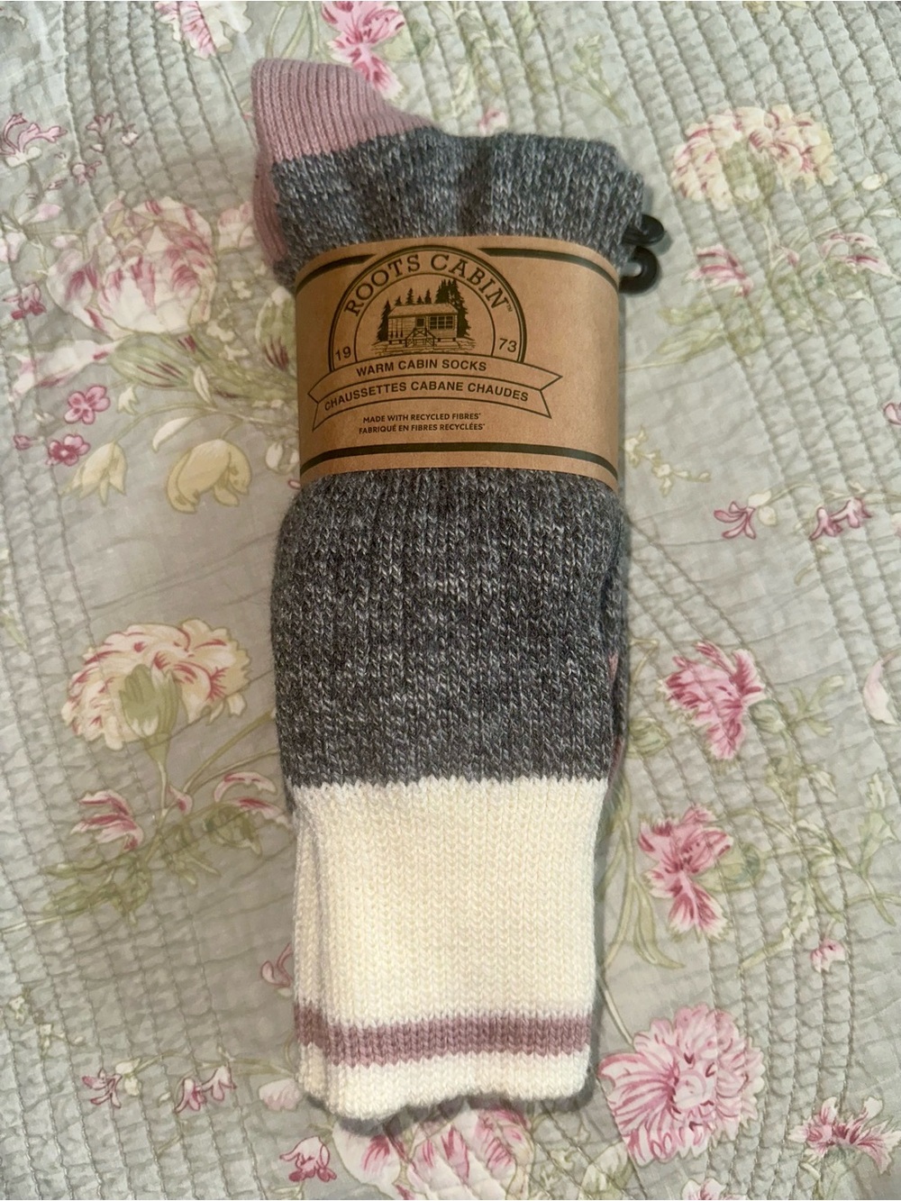 Roots Cabin Warm Socks in Gray, White & Pink Accent
